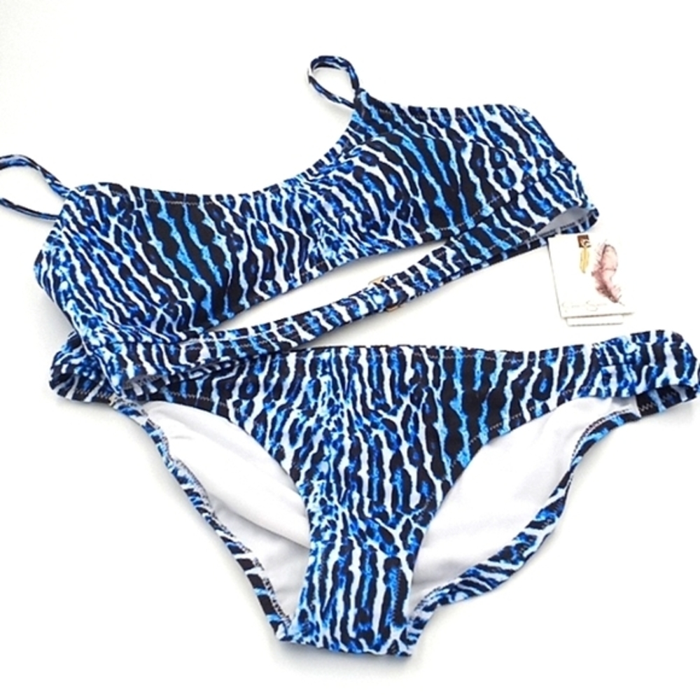 Jessica Simpson Peekaboo Cami Shirred Hipster Bikini Set Blue L